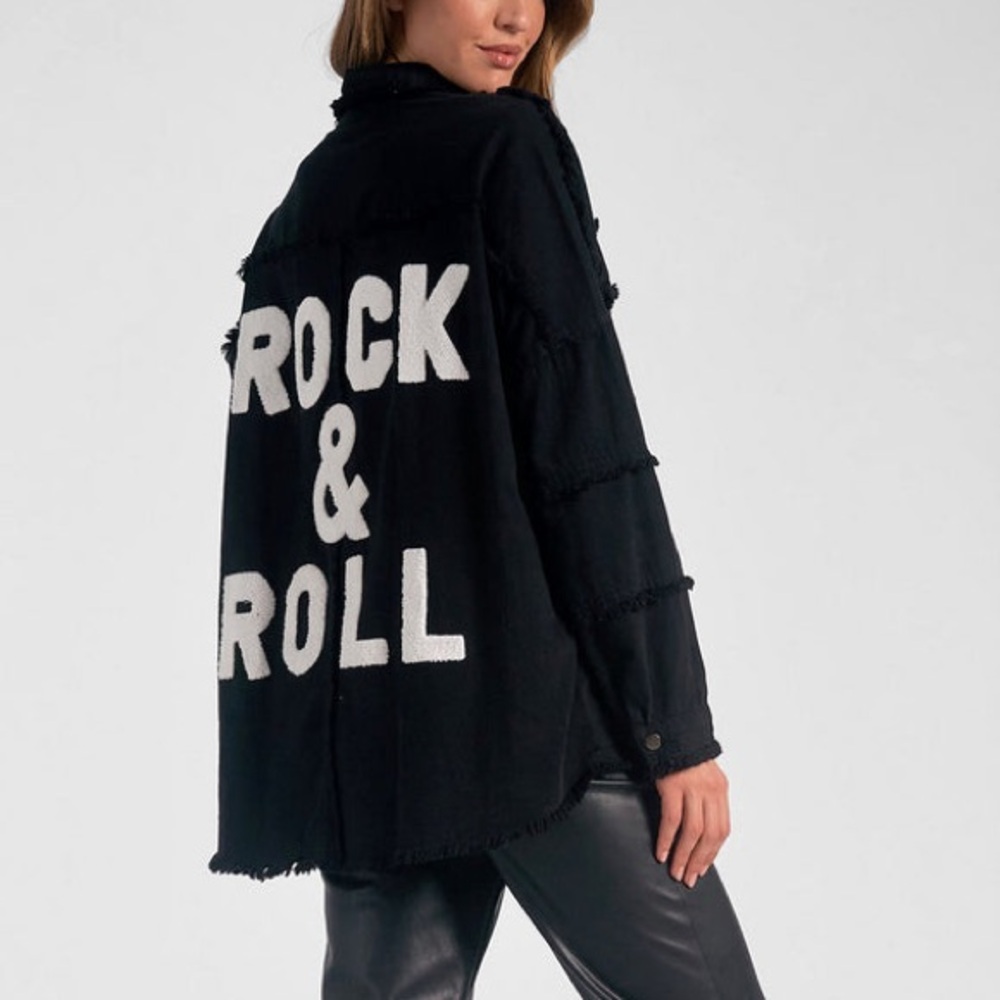 ROCK AND ROLL Cotton oversized shirt snap front,graffiti back,fringe edging Sz S